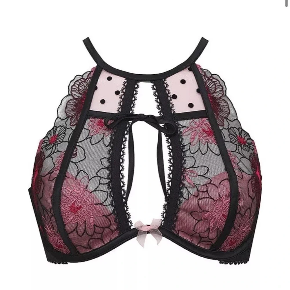 For Love and Lemons Zinnia High Neck Embroidered Bra NWT Black Floral